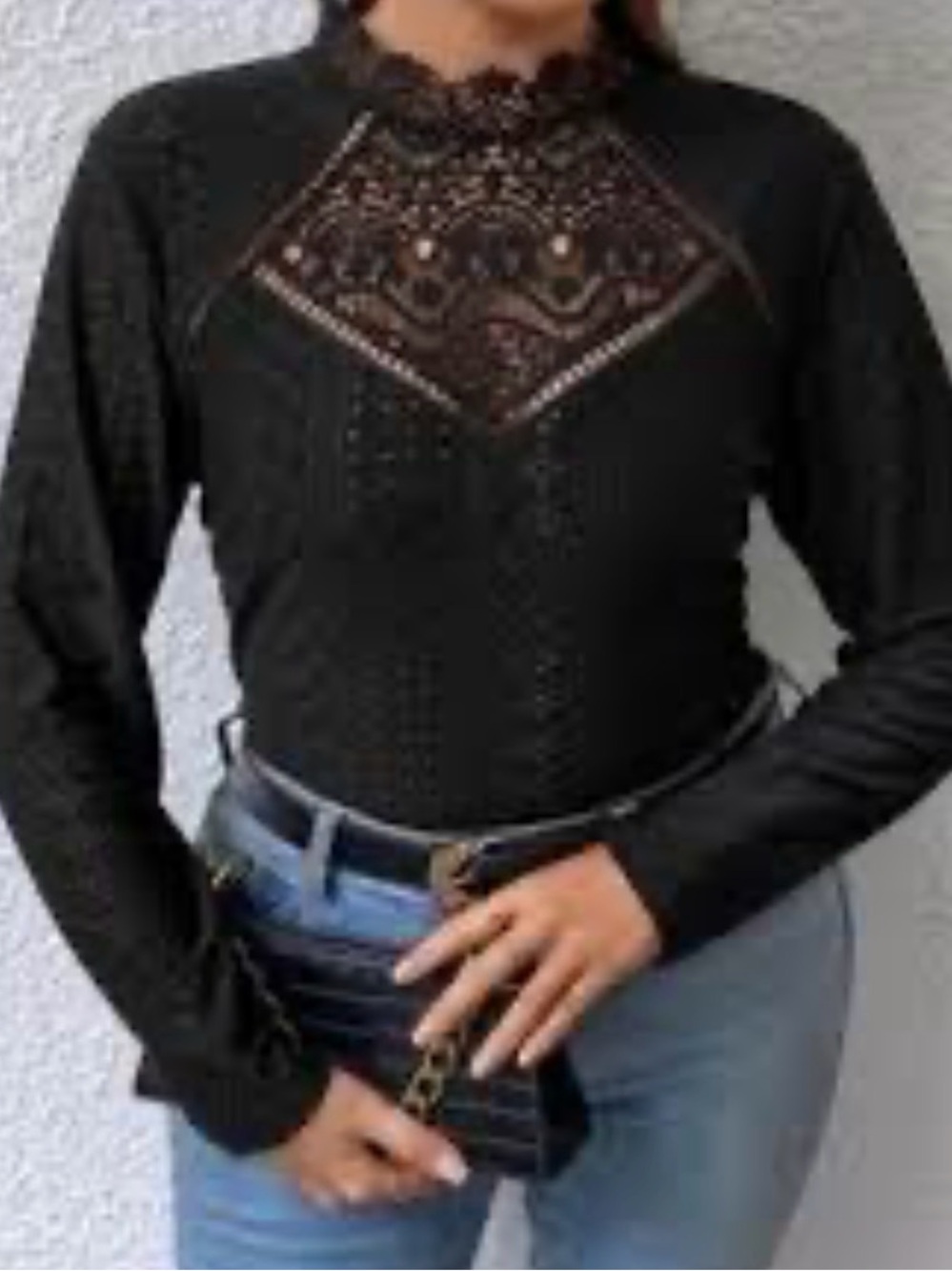 Black Lace High-Neck Long Sleeve Top blouse Plus size 2X XXL